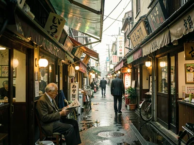 Shotengai shopping street in rain
