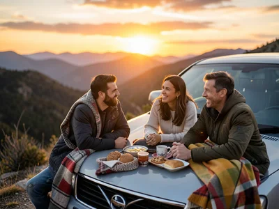 Friends watching sunset from car hood, parked at scenic overlook, blankets and s