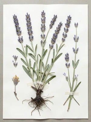 A full herbarium sheet: complete pressed lavender plant with roots, stems, and f