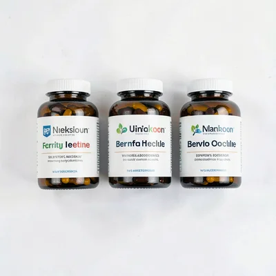 Clean overhead of three unbranded supplement bottles in a tight row on white pap