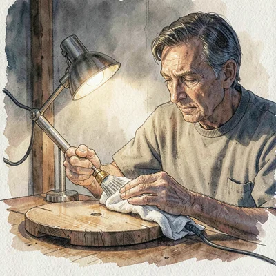 Lamp-lit hands oiling a finished saw plate with a soft cloth, warm side-light