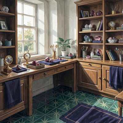 Quartz-shelved gem-cutter's atelier at midmorning with one north-facing window, 