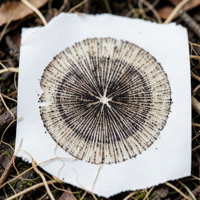 Spore print on white paper — dried mushroom cap leaving a starburst of dark spor
