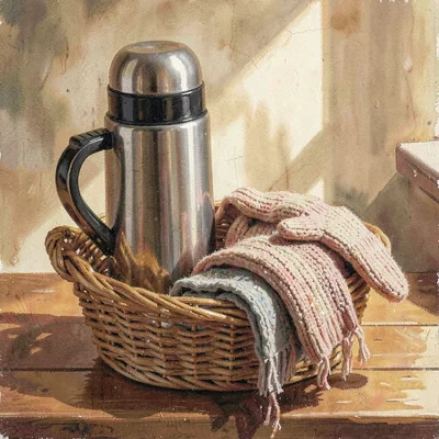 Warm tabletop arrangement of a thermos, knit gloves, and a folded scarf in a wic