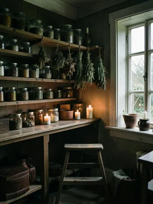A pantry in an old house: shelves of preserves in glass jars, dried herbs hangin