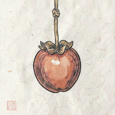 Single dried persimmon hanging on a cord, close-up