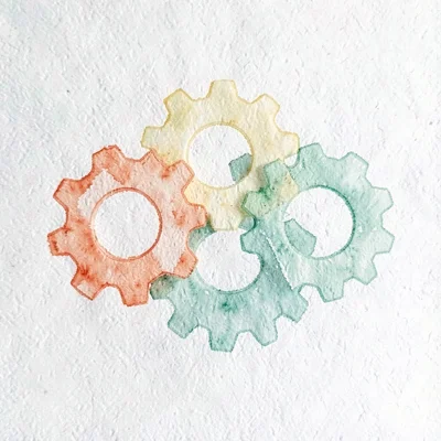 small geometric gear-train abstract — three interlocking gears in coral, butter,