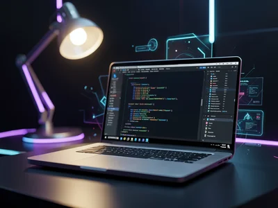 Laptop screen showing lines of code in a dark IDE, bokeh desk lamp in background