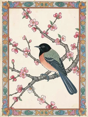 Magpie on a branch of a plum tree in early spring blossom