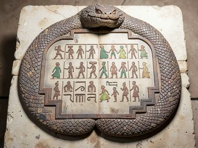 Carved stone relief panel — serpent body forming stepped border frame, close-up