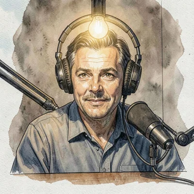 Lamp-lit portrait of a community radio host at the booth mic, single warm bulb g