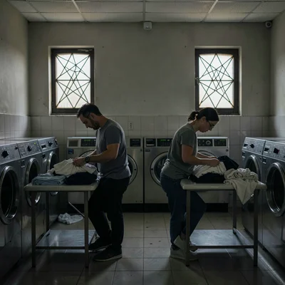 Two strangers folding clothes in silence at adjacent tables