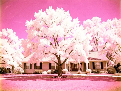 A ranch-style house with a white-foliaged oak tree in the front yard and a pink 
