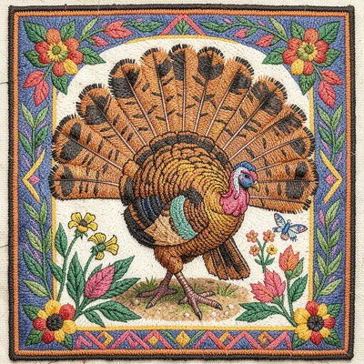 Otomi Tenango embroidery illustration, a turkey with spread tail feathers displa