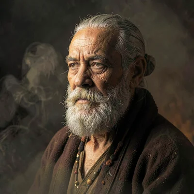 Dense atmospheric mist, rich earthy textures, Portrait of an elder with grey bea