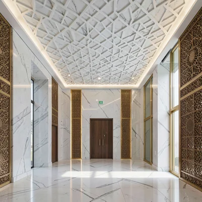 Contemporary Gulf photograph with heritage contrasts, White marble mosque interi