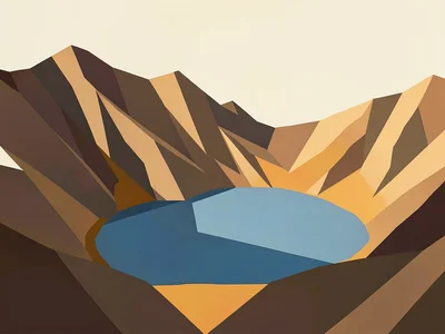 Lapis water of a mountain crater lake sits ringed by ochre rim under a cream sky