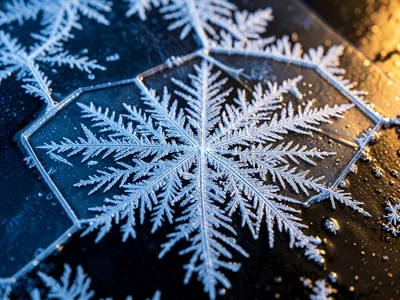 Ice crystal formation on still pond surface, thin transparent sheet with visible
