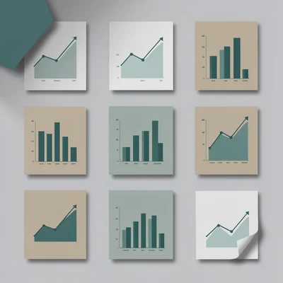 A 2x3 grid of six abstract chart-and-graph mockups in muted teal and clay, drop-