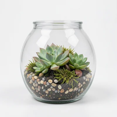 A glass terrarium with miniature succulents, pebbles, and moss inside, on a clea