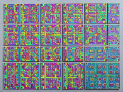 Bare silicon wafer surface, hundreds of identical die repeated in grid, pre-dici