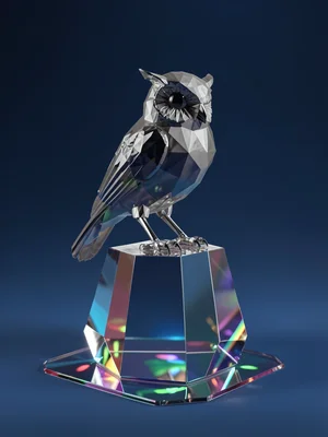 Smoke-gray glass owl perched on a faceted plinth against an ink-blue gradient ba