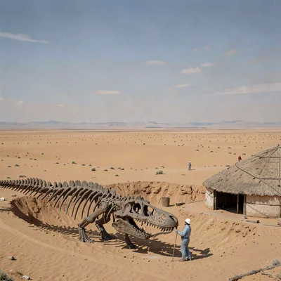 Gobi steppe horizontal, Mongolian vastness, Dinosaur fossil partially excavated,