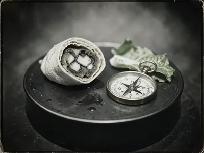 A burrito cut in half revealing its cross-section, arranged beside a brass compa