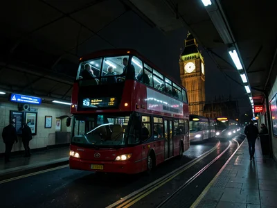 A double-decker bus turning a London corner, the upper deck windows showing pass