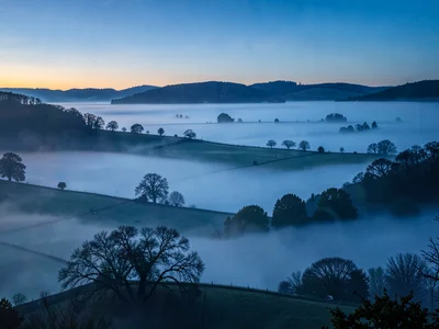 Fog thinning to reveal pastoral landscape in stages