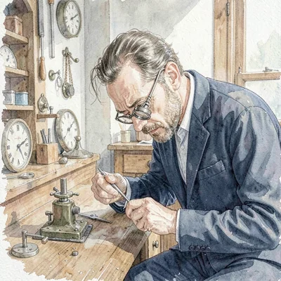 Documentary photo of a clockmaker bent at a wooden bench, loupe in eye, tweezers