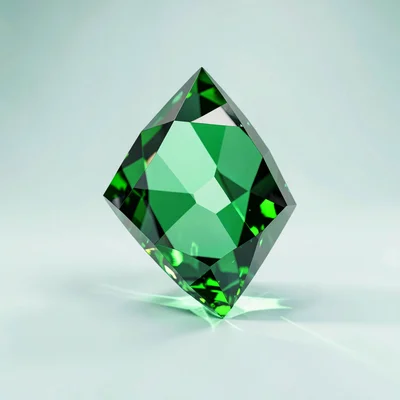 Polished peridot lowpoly cut gemstone displayed point-up with sharp green facets