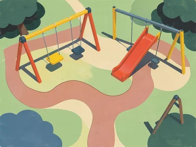 Children's playground viewed from above — swings, slide, paths as flat shapes