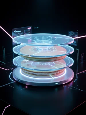 Stack of pancakes where each layer is a translucent glass disc emitting soft neo