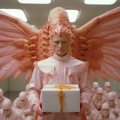 Film still occult portrait of amazon delivery worker