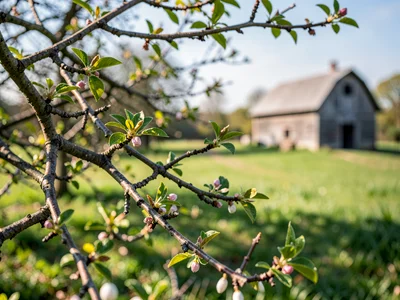 Orchard from near branch to distant barn