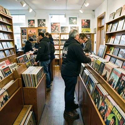 Record store vinyl browsing