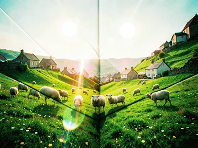 A pastoral village folded back onto itself like origami, two suns rising from be
