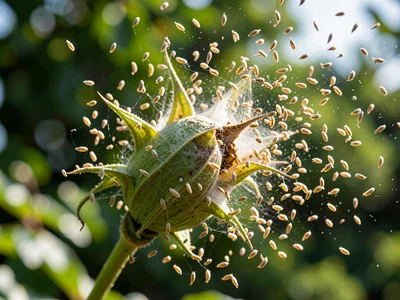 Seed pod exploding, high-speed capture, seeds suspended in perfect dispersal pat
