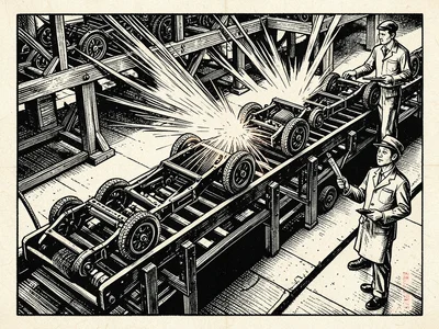 An assembly line of automobile chassis moving on a conveyor, welding sparks flyi