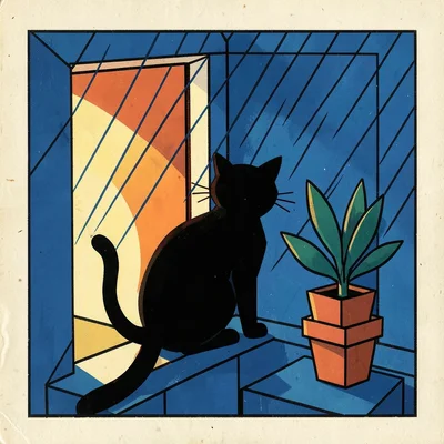 Cat at the Window in the Rain