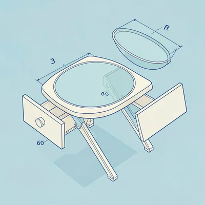 Exploded diagram of a changing table with drawer pulls floating apart, hairline