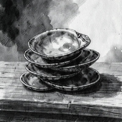 Charcoal editorial study of a stack of clamshells on a wooden counter, smudged s