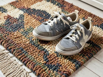 A pair of sneakers on a doormat, shoes rendered in the same carpet material as t