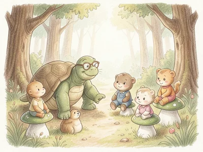 An old tortoise wearing spectacles, teaching a class of baby animals who sit on 