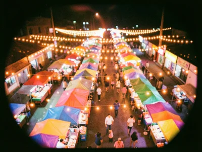 A night market from above, strings of lights creating warm bokeh orbs, the stall