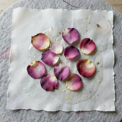 A pressed dried rose petal embedded in a translucent handmade sheet, petals spre