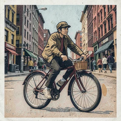 Risograph-style illustration, person riding bicycle in city , spot color layer s