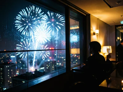 A hotel rooftop bar at midnight, a lone figure silhouetted against a wall of fir