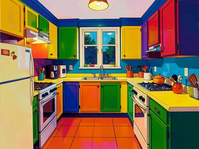 Interior of a kitchen, every surface a different non-naturalistic flat color are